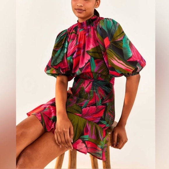 FARM Rio Dresses & Skirts - Farm Rio Midnight Leaves Mini Dress with smocked waist puff sleeves size medium